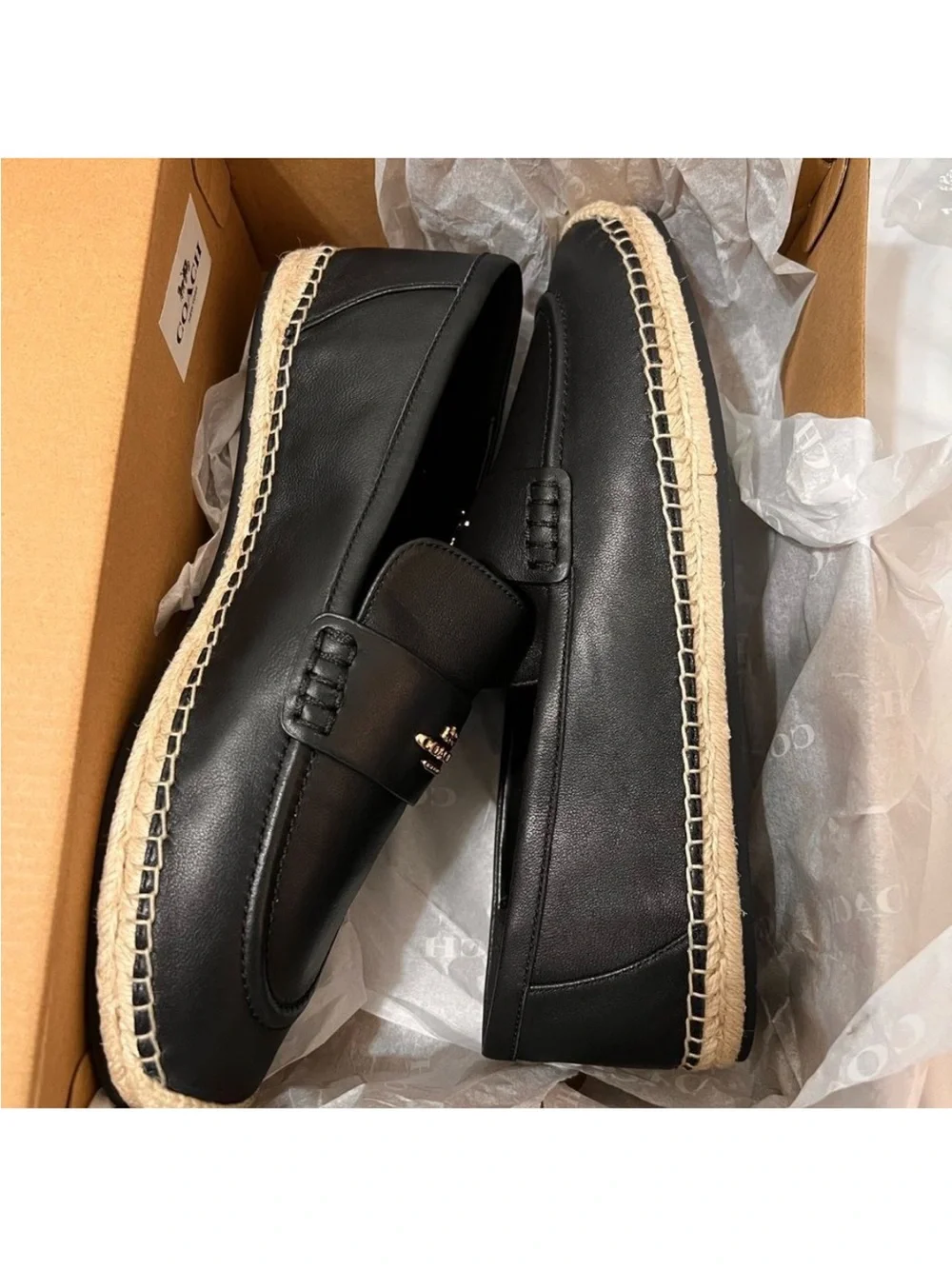 COACH Camilla Black Leather Espadrille Flats New In Box Size 10